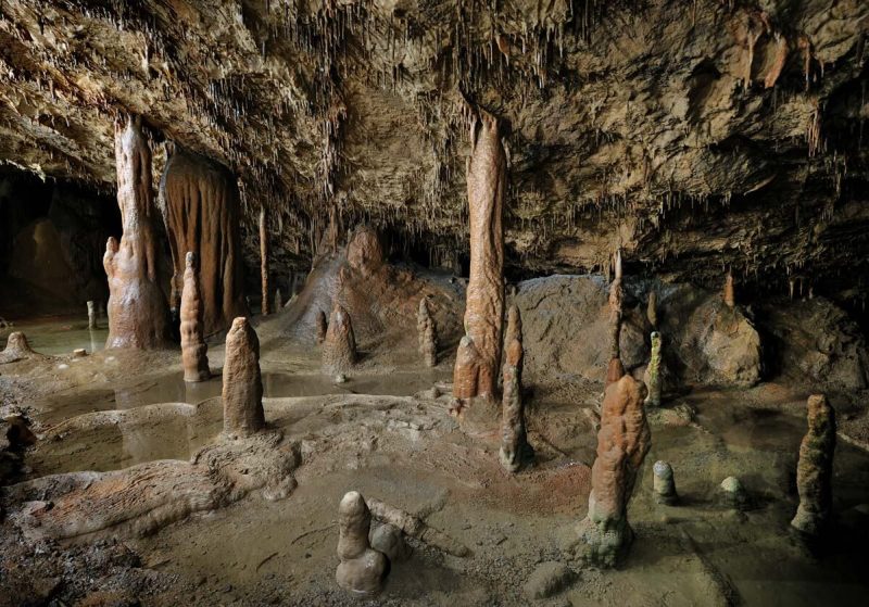 Stalattiti e stalagmiti all'interno delle Grotte di San Canziano
